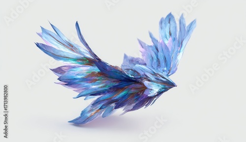 Abstract, stylized, iridescent wings in shades of blue and purple,  with gold highlights, in a dynamic, flying pose