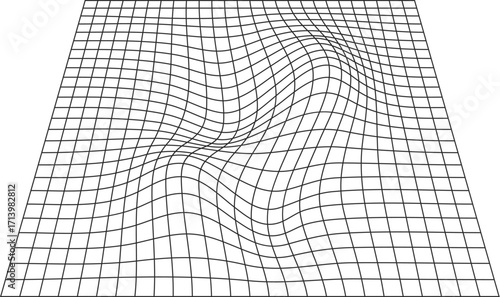 Monochrome distorted grid with a central warp creating a wavelike optical illusion on a flat plane.