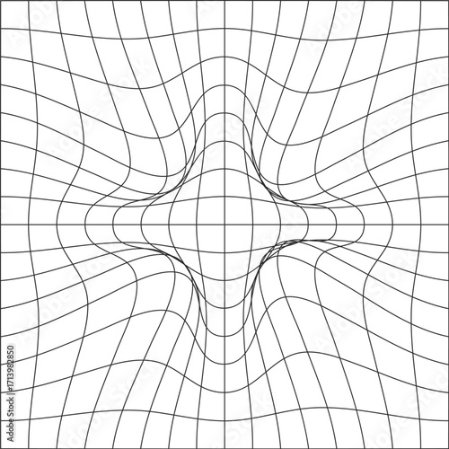 Monochrome warped grid creating a 3D convex distortion illusion.