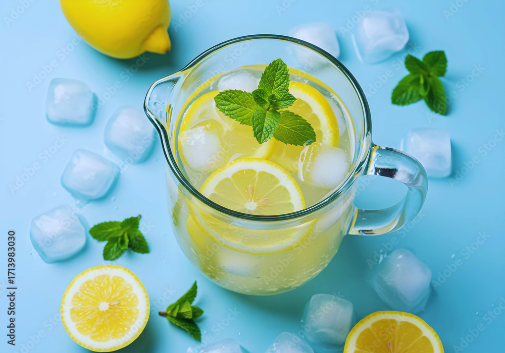 Fototapeta premium Glass jug of cold lemonade on white background with fresh slices and ice cubes