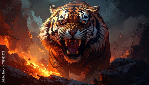 A ferocious tiger roars amidst a fiery, volcanic landscape, showcasing a powerful and dramatic scene.