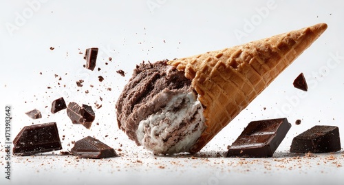 Chocolate ice cream cone with broken chocolate pieces flying around