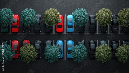 Fototapeta Naklejka Na Ścianę i Meble -  Aerial view of a parking lot with parked cars and small trees