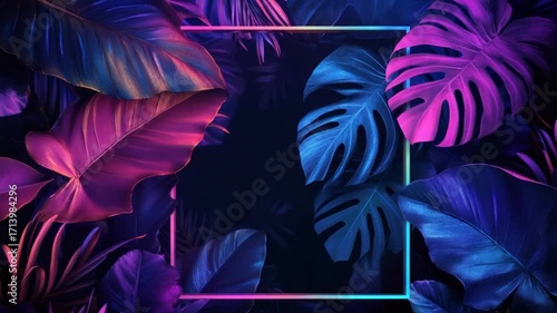 Neon-lit tropical foliage with a pink and teal square frame on a dark background