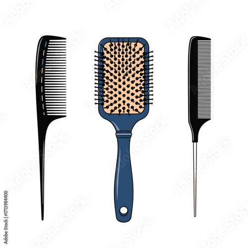 A set of three essential hair styling and grooming tools including a paddle brush and two combs for creating different looks.