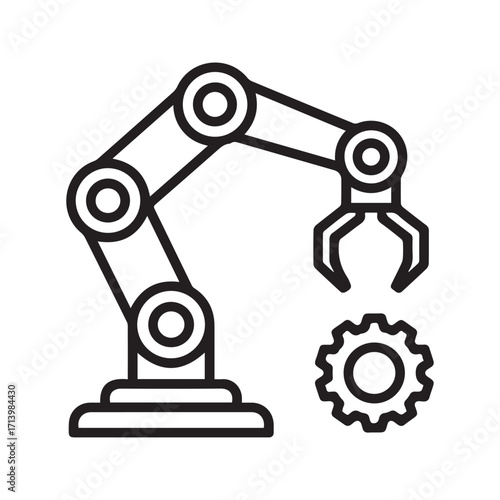 Robotic Arm with Gear Line Icon, Industrial Manufacturing and Automation Technology Vector Symbol
