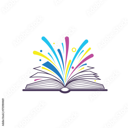 An open book bursts with colorful imagination and creative ideas flowing out.