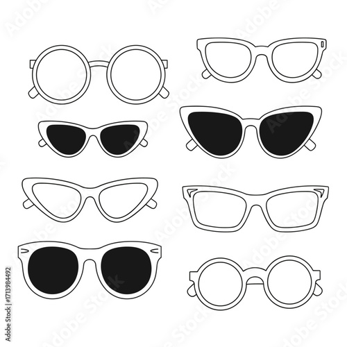 A collection of stylized eyeglasses and sunglasses featuring various frame shapes and lenses.