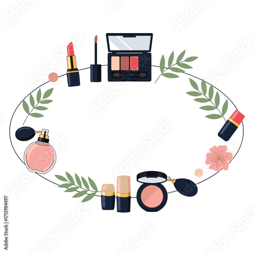 A decorative arrangement of various cosmetic products and floral elements.