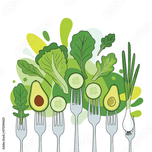 A vibrant collection of fresh green vegetables and healthy ingredients on forks signifying a delicious meal.