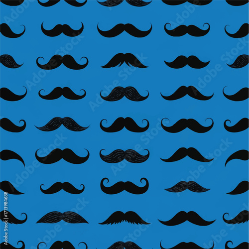 Vibrant blue background with a repeating pattern of various black mustaches in different styles and shapes.