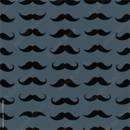Seamless pattern of numerous black mustaches on a dark blue background with a repeating design