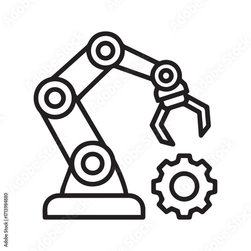 Robotic Arm with Gear Line Icon, Industrial Manufacturing and Automation Technology Vector Symbol
