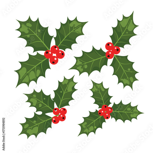 A festive arrangement of four vibrant green holly sprigs with bright red berries.