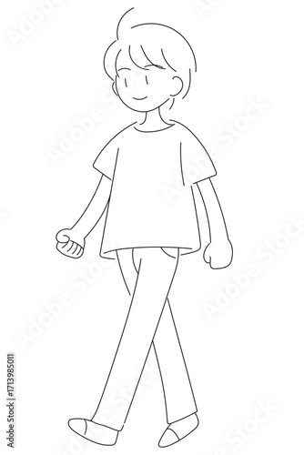 カジュアルな服装で歩く男の子のシンプルな線画ベクターイラスト。モノクロで描かれた人物のカットアウト素材で、日常生活やライフスタイル、教育や健康関連のデザインにも使いやすい人物シルエット｜男の子,歩く,人物