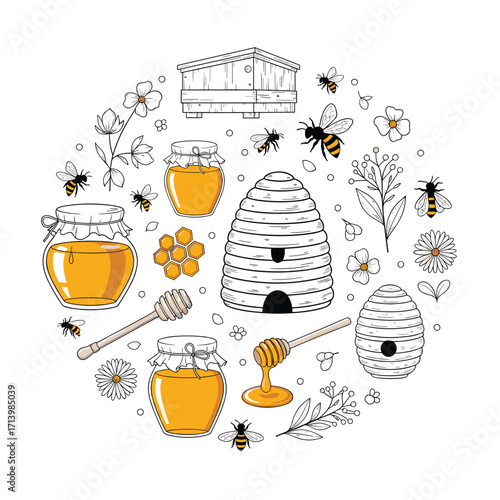 A collection of beehives and jars filled with golden honey surrounded by bees and flowers.