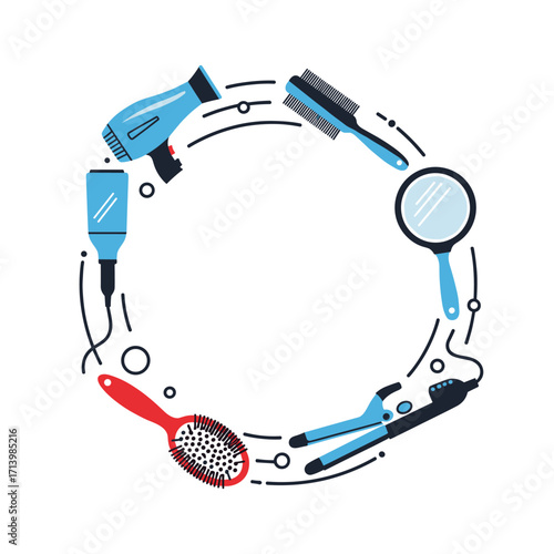 A circular arrangement of hair styling tools and accessories including a hairdryer a comb a mirror and hair straighteners.