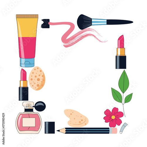 A collection of makeup and beauty products arranged in a decorative frame.