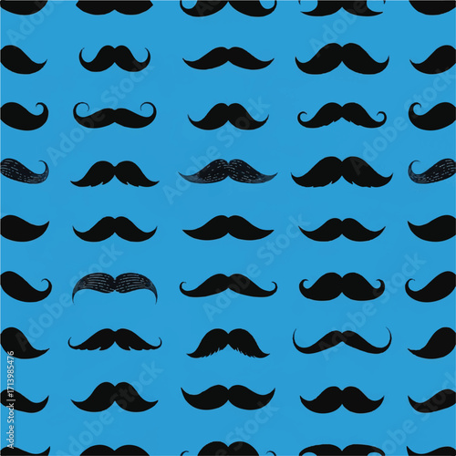 Pattern of multiple black mustaches on a solid blue background with a repeating design in a flat lay composition.