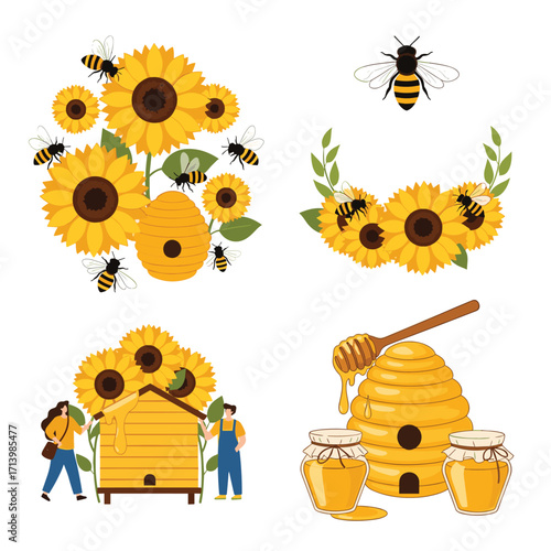 Beautiful artwork featuring sunflowers bees and honeybees.