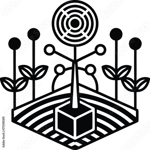 Abstract illustration of a black silhouette of a tree with flowers as a dartboard aiming for the red center target of success