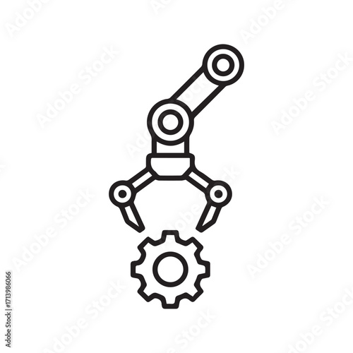 Robotic Arm with Gear Line Icon, Industrial Manufacturing and Automation Technology Vector Symbol
