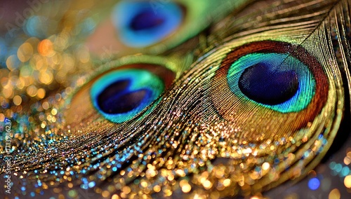 Close-up of vibrant peacock feathers, iridescent colors, and golden glitter