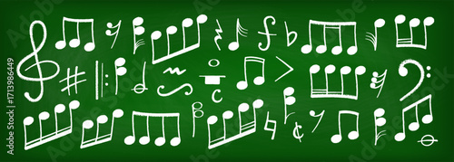 Crayon pastel or chalk music note signs doodle hand drawn symbol shapes set. Chalkboard textured musical symbols treble, bass clefs, pauses doodle collection.