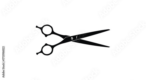 A simple black and white illustration of open professional hair cutting scissors