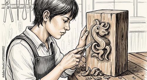 Woodcarver crafting figure.