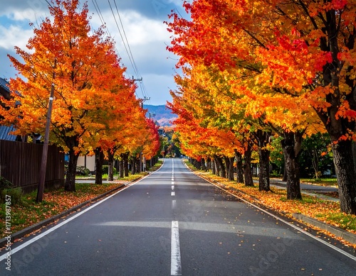 Autumnal street lined with vibrant trees