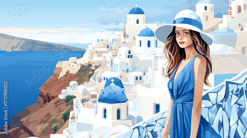 Enchanting woman in Santorini with long hair, wearing hat perfect for travel and lifestyle branding