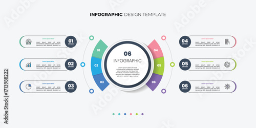 infographic label design with circle infographic template design and 6 options or steps. Can be used for process diagram, presentations, workflow layout, banner, flow chart, info graph.