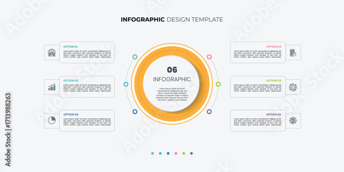 infographic label design with circle infographic template design and 6 options or steps. Can be used for process diagram, presentations, workflow layout, banner, flow chart, info graph.