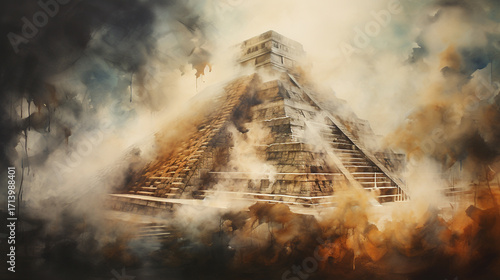 A dramatic fine art illustration of the ancient Mayan pyramid wrapped in swirling mist