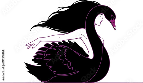 Elegant black swan with a human face isolated on white background, gracefully posed with flowing hair, embodying a sense of ethereal beauty