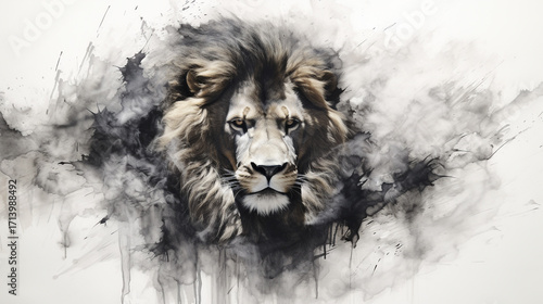 A dramatic fine art painting of a powerful lion emerging from mist