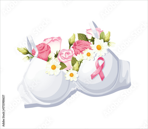Breast Cancer Awareness month.Top view of pink ribbon attached to bra filled with flowers, symbolizing female well-being.Perfect for promo or advertisement