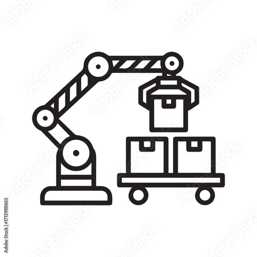 Industrial Automation Icon, Robotic Arm Loading Boxes on Warehouse Cart, Logistics and Shipping Vector Symbol
