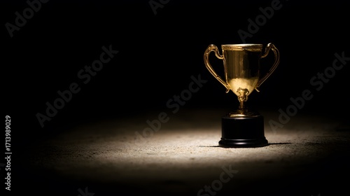  Golden trophy on a pedestal illuminated by a warm spotlight against a dark blurred background.