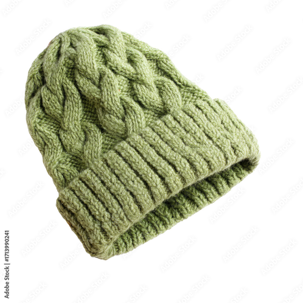 Fototapeta premium Green cable knit beanie hat for cold weather isolated on black