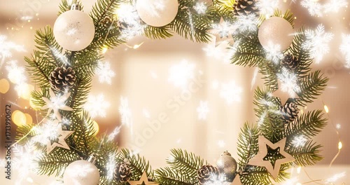 A festive winter arrangement with Christmas decorations and magically falling snow. Perfect footage for creating a festive atmosphere, greetings and New Year's projects.