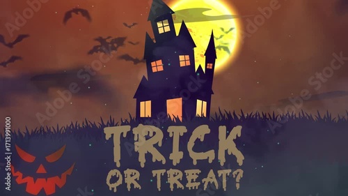 Trick or Treat Halloween Background with Haunted House, Pumpkin and Full Moon 