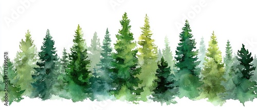 Watercolor illustration of a dense forest of pine trees