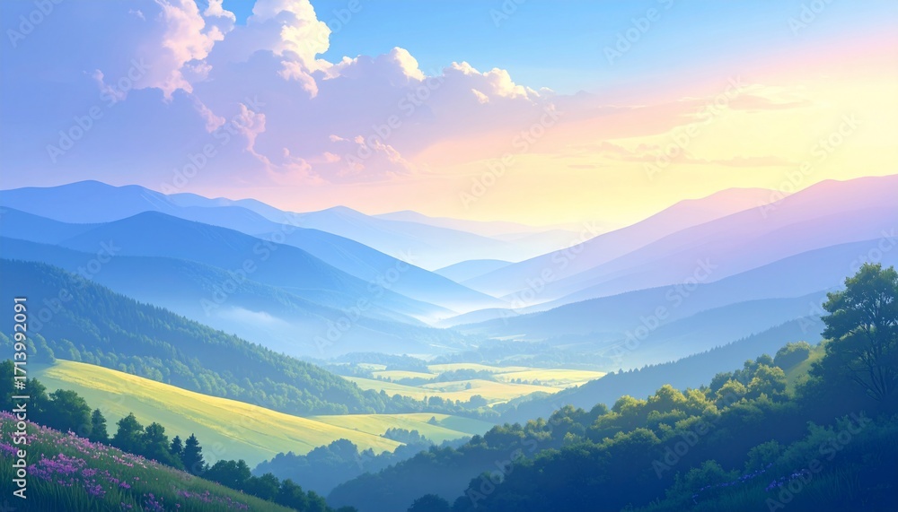 Fototapeta premium Serene mountain panorama with rolling hills and vibrant hues in a dreamy landscape