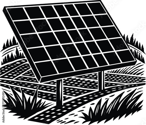 Black and white geometric solar panel texture with square cells creating an eco-friendly power pattern