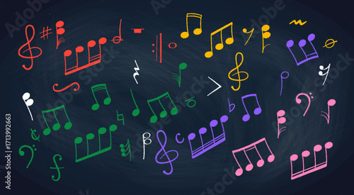 Crayon pastel or chalk music note signs doodle hand drawn symbol shapes set. Chalkboard textured musical symbols treble, bass clefs, pauses doodle collection.