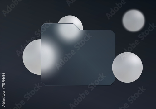 Background with dark folder icon in glass morphism style and floating silver spheres on gradient background