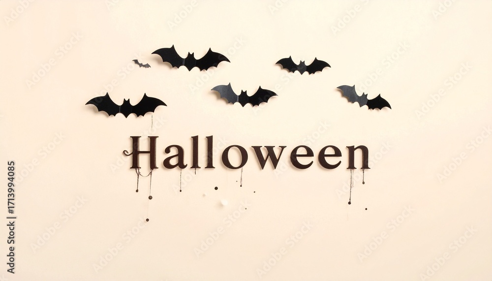 Fototapeta premium Bold “Halloween” text with flying bats—graphic depth and festive silhouettes evoke spooky celebration and playful fright.