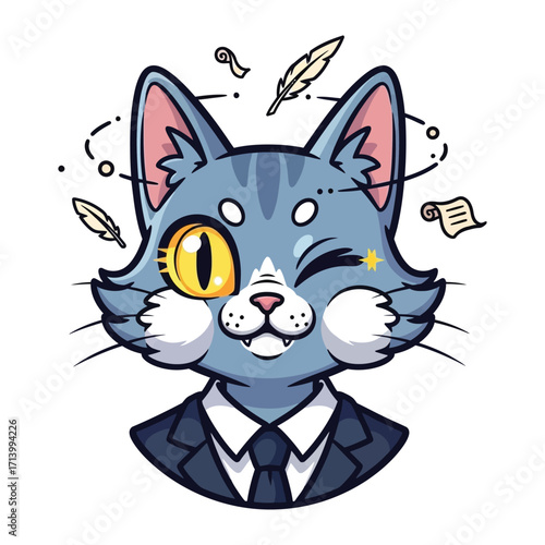 The Witty Cat: A charming, cartoon cat, depicted in a smart suit, winks with a star over his eye, surrounded by floating feathers and scrolls, embodying wit and creativity.